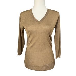 Ann Taylor Gold V-neck Sweater with Gold Flecks - XS